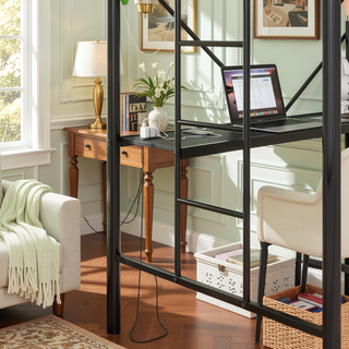Sunvega Sturdy Metal Twin Loft Bed with Guardrails and Storage Steps