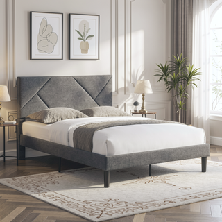 Sunvega Full Size Upholstered Platform Bed Frame with Headboard and Wood Slat Support