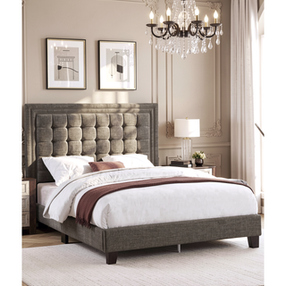Sunvega Queen Size Upholstered Bed with Button Tufted Headboard in Brown Espresso Finish