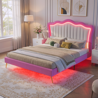 Sunvega Full Size Upholstered Princess Bed with Crown Headboard and LED Lights