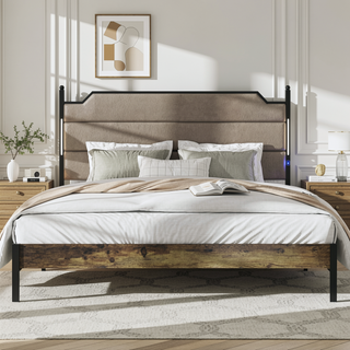 Sunvega Queen Size Bed Frame with Upholstered Headboard and Charging Station