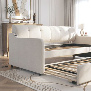 Sunvega Beige Upholstered Twin Daybed with Trundle and USB Charging Design