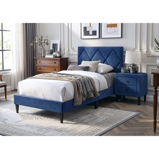 Sunvega Navy Blue Velvet Tufted Headboard Full Size Youth Bed Frame