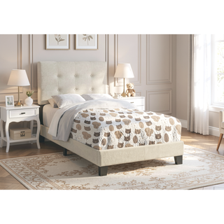 Sunvega Twin Size Upholstered Platform Bed Frame with Tufted Backrest in Beige Linen Look