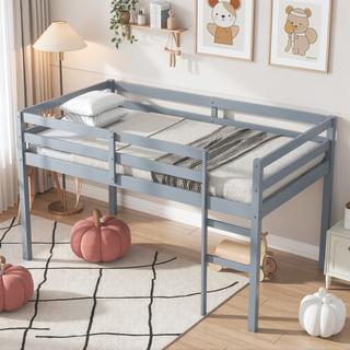 Sunvega Espresso Rubber Wood Low Height Loft Bed with Ladder for Bedroom