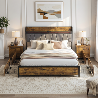 Sunvega Queen Size Storage Bed Frame with Charging Station and RGB LED Lights