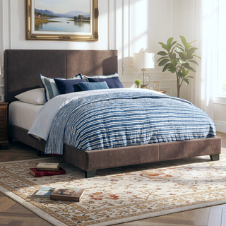 Sunvega Warwick Brown Upholstered Eastern King Panel Bed with Solid Wood Legs and Padded Frame