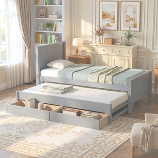 Sunvega Twin Size White Platform Bed with Trundle and Two Drawers for Storage