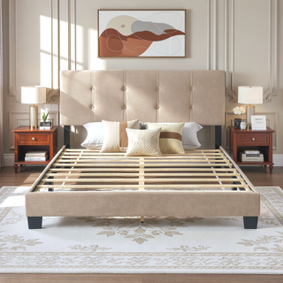 Sunvega Light Brown Velvet Upholstered Queen Platform Bed with Adjustable Height Headboard
