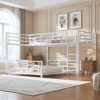 Sunvega L-Shaped Metal Twin Over Full Bunk Bed with Guard Rails