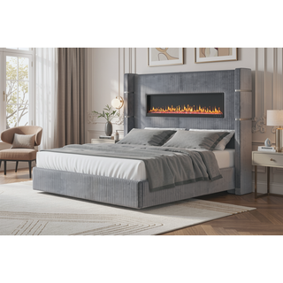 Sunvega King Size Upholstered Wooden Bed with Bluetooth Speakers and USB Ports