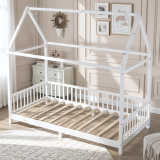 Sunvega White House Shaped Full Size Bed with Guardrail and LED Lights