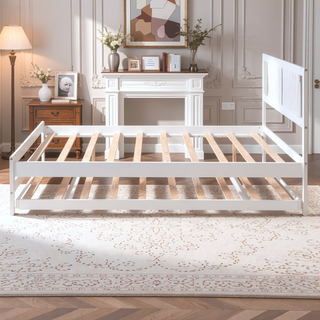 Sunvega Full Size Platform Bed with Adjustable Trundle and Headboard in Gray