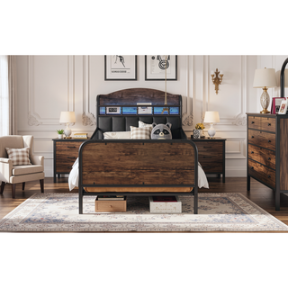 Sunvega Kids Full Metal Bed with Upholstered Headboard LED Lights and Storage