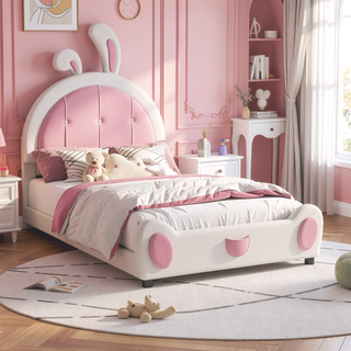 Sunvega Cute Rabbit Shaped Upholstered Twin Size Platform Bed with Sturdy Wood Construction