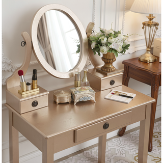 Sunvega Pink Wood Makeup Vanity Table and Stool Set with Mirror and Storage Drawers