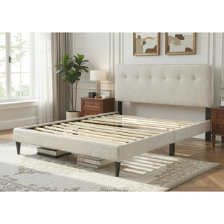 Sunvega Queen Upholstered Pleated Bed in a Box with Sturdy Dark Brown Frame