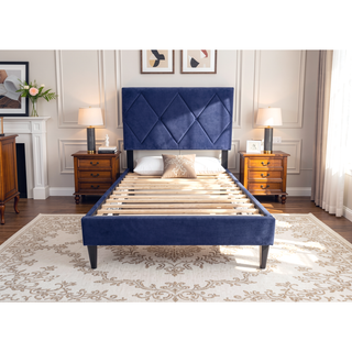Sunvega Adjustable Velvet Upholstered Twin Bed with 12 Slat Support System