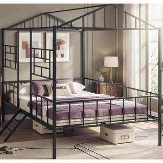 Sunvega Contemporary House Design Black Twin Bunk Bed With Full Metal Construction And Angled Ladder