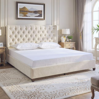 Sunvega Manhattan Shelter King Platform Bed Frame with Wingback Headboard in Light Beige Linen