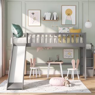Sunvega Twin Size Low Loft Bed with Slide and Space Saving Ladder in Gray
