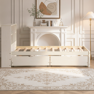 Sunvega Modern Twin Size Bed Frame With USB Port Bookcase Headboard and 2 Drawers