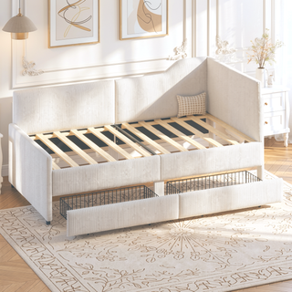 Sunvega L-Shaped Semi-Enclosed Upholstered Corduroy Daybed Frame with 2 Storage Drawers