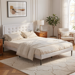 Sunvega Upholstered Queen Platform Bed Frame with Tufted Headboard and Wooden Slats