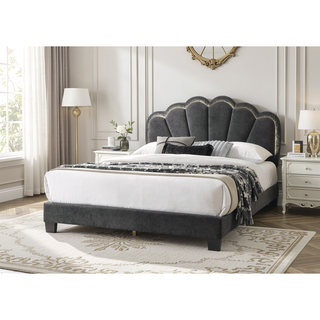 Sunvega Queen Bed with LED Headboard and Scalloped Tufted Upholstery in Charcoal