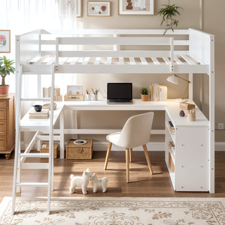 Sunvega Sturdy Pine Wood Loft Bed with Bookshelves and Desk for Small Spaces