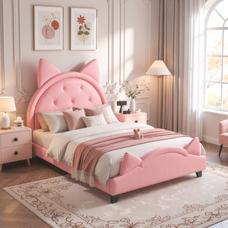 Sunvega Pink Twin Upholstered Daybed with Scalloped Headboard for Kids