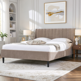 Sunvega Handmade Vertical Tufted Headboard Platform Bed Set in Light Beige Linen