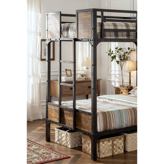 Sunvega Industrial Black Metal Bunk Bed With Wood Panels And Attached Ladder