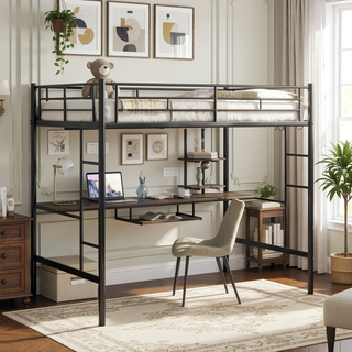 Sunvega Full Loft Bed with Desk and Shelf, Space Saving Design in Black
