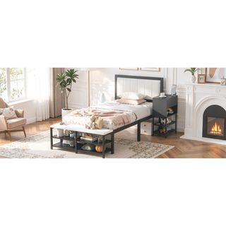 Sunvega Full Size Metal Platform Bed with Two Tier Storage Shelves and Wooden Cabinet