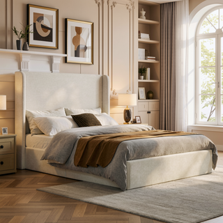 Sunvega Minimalist Upholstered Wingback Bed Frame with 54 Inch Headboard in Textured Ivory Canvas Chenille