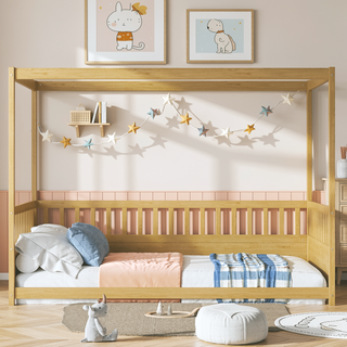 Sunvega Full Size Floor Bed with Canopy Design and Guardrails for Kids