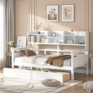 Sunvega Twin Size Daybed with Wood Slat Support, Bedside Shelf, and Two Drawers