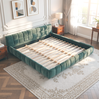 Sunvega Grounded California King Upholstered Bed Frame with Soft Chenille Fabric Headboard