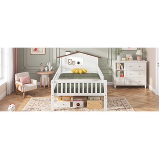 Sunvega Twin Size House Shaped Wood Platform Bed with LED and Built-in Storage
