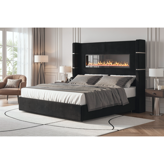 Sunvega King Size Upholstered Wooden Bed with Bluetooth Speakers and USB Ports