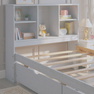 Sunvega Modern Twin Size Bed Frame With USB Port Bookcase Headboard and 2 Drawers