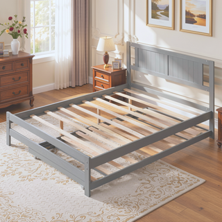 Sunvega Full Size Platform Bed with Adjustable Trundle and Headboard in Gray