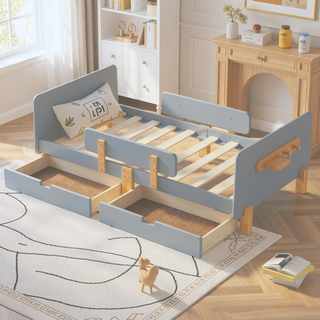Sunvega Twin Size Solid Wood Platform Bed with Storage Drawers and Guardrail