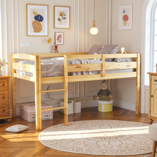 Sunvega Low Twin Wood Loft Bed with Ladder in Walnut for Kids Bedroom