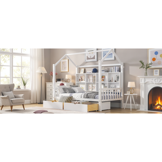 Sunvega White Twin Size Wooden House Bed with 2 Storage Drawers and Shelf