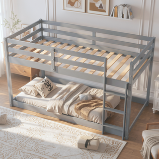 Sunvega Twin over Twin Floor Low Bunk Bed with Ladder for Kids Bedroom