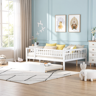 Sunvega Natural Twin Size Wood Daybed with Trundle and Fence Guardrails