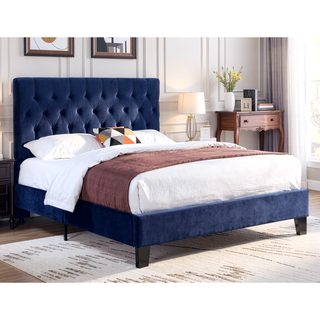 Sunvega Navy Blue Queen Upholstered Bed with Transitional Style for Bedroom
