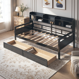 Sunvega Twin Size Daybed with Wood Slat Support, Bedside Shelf, and Two Drawers